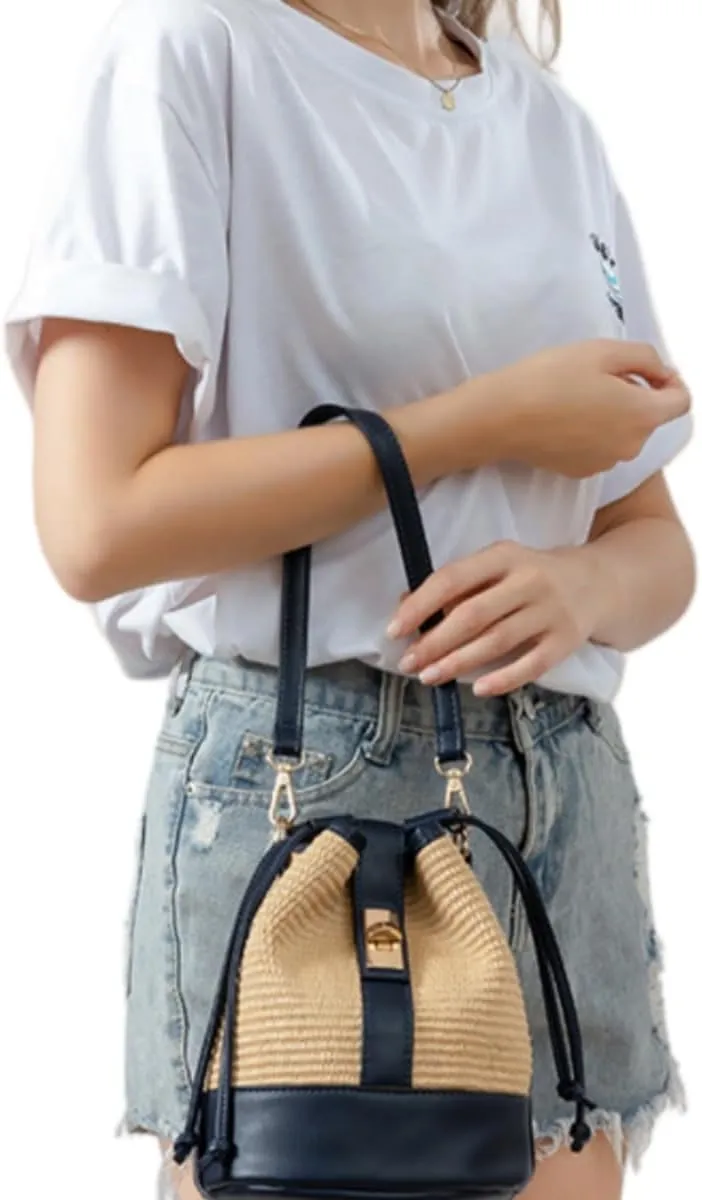 Women Straw Drawstring Bucket Purse Small Tote Shoulder Handbag Hollow Out Cross-body Bag for Summer,Beach