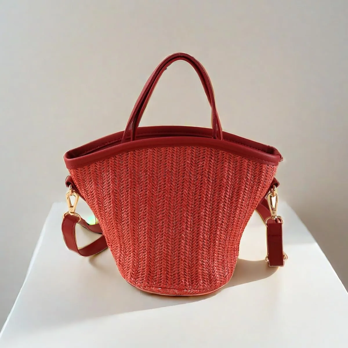 Women Straw Drawstring Bucket Purse Small Tote Shoulder Handbag Hollow Out Cross-body Bag for Summer,Beach