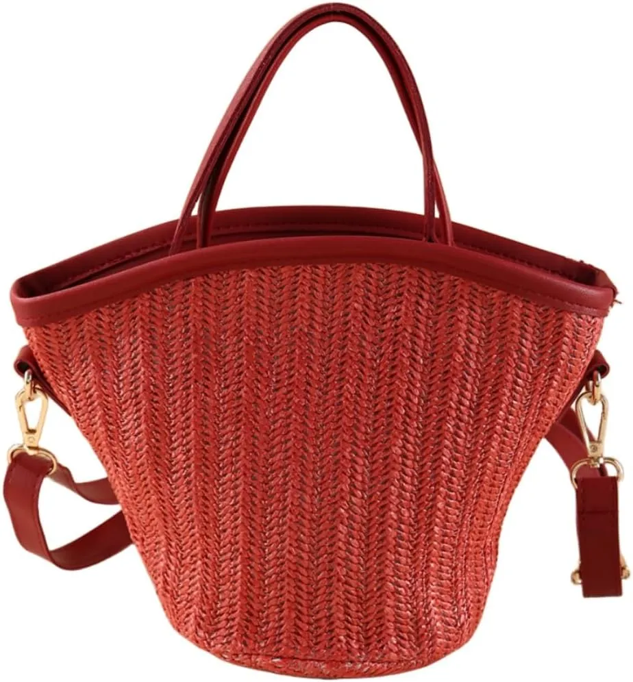 Women Straw Drawstring Bucket Purse Small Tote Shoulder Handbag Hollow Out Cross-body Bag for Summer,Beach