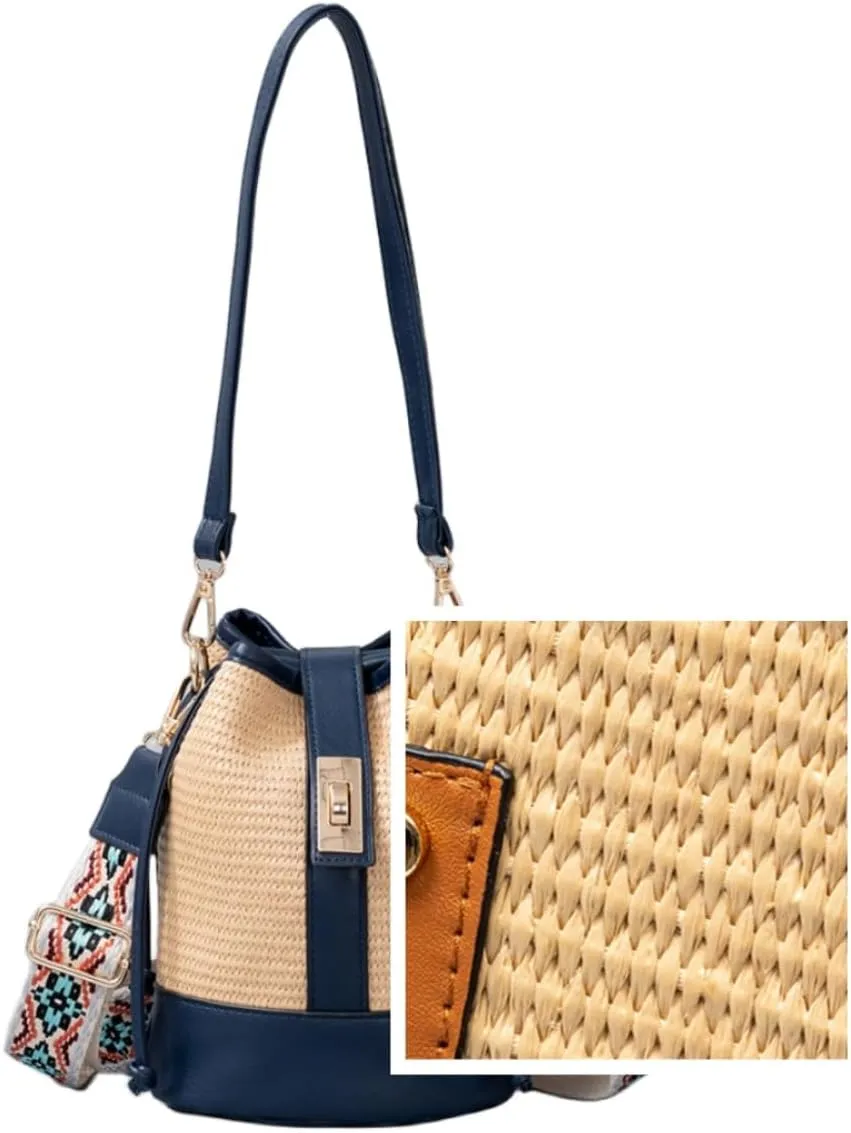 Women Straw Drawstring Bucket Purse Small Tote Shoulder Handbag Hollow Out Cross-body Bag for Summer,Beach