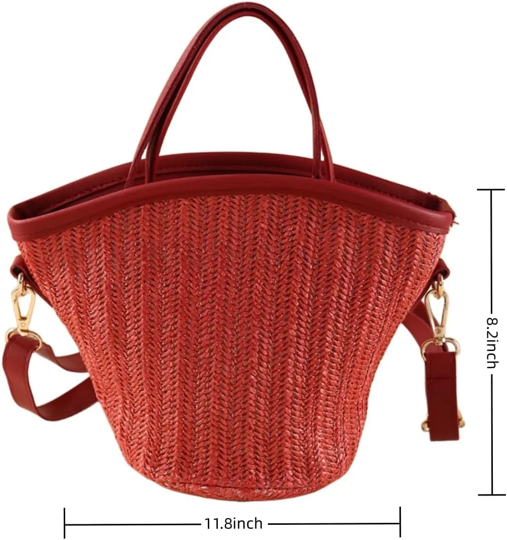 Women Straw Drawstring Bucket Purse Small Tote Shoulder Handbag Hollow Out Cross-body Bag for Summer,Beach