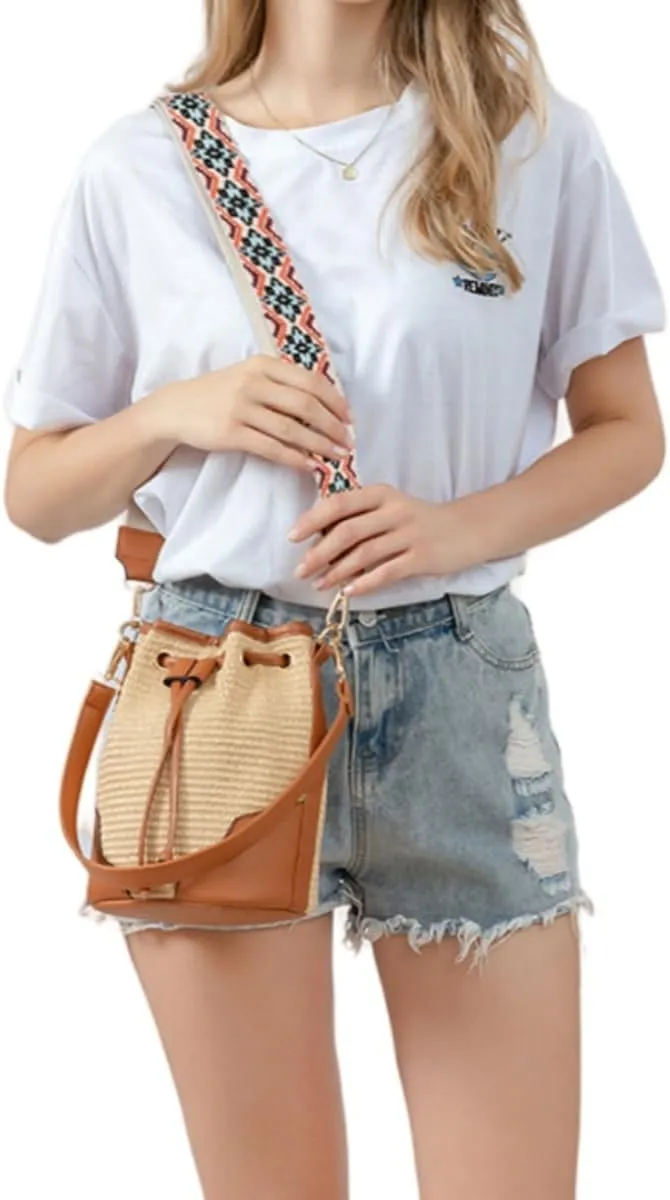 Women Straw Drawstring Bucket Purse Small Tote Shoulder Handbag Hollow Out Cross-body Bag for Summer,Beach