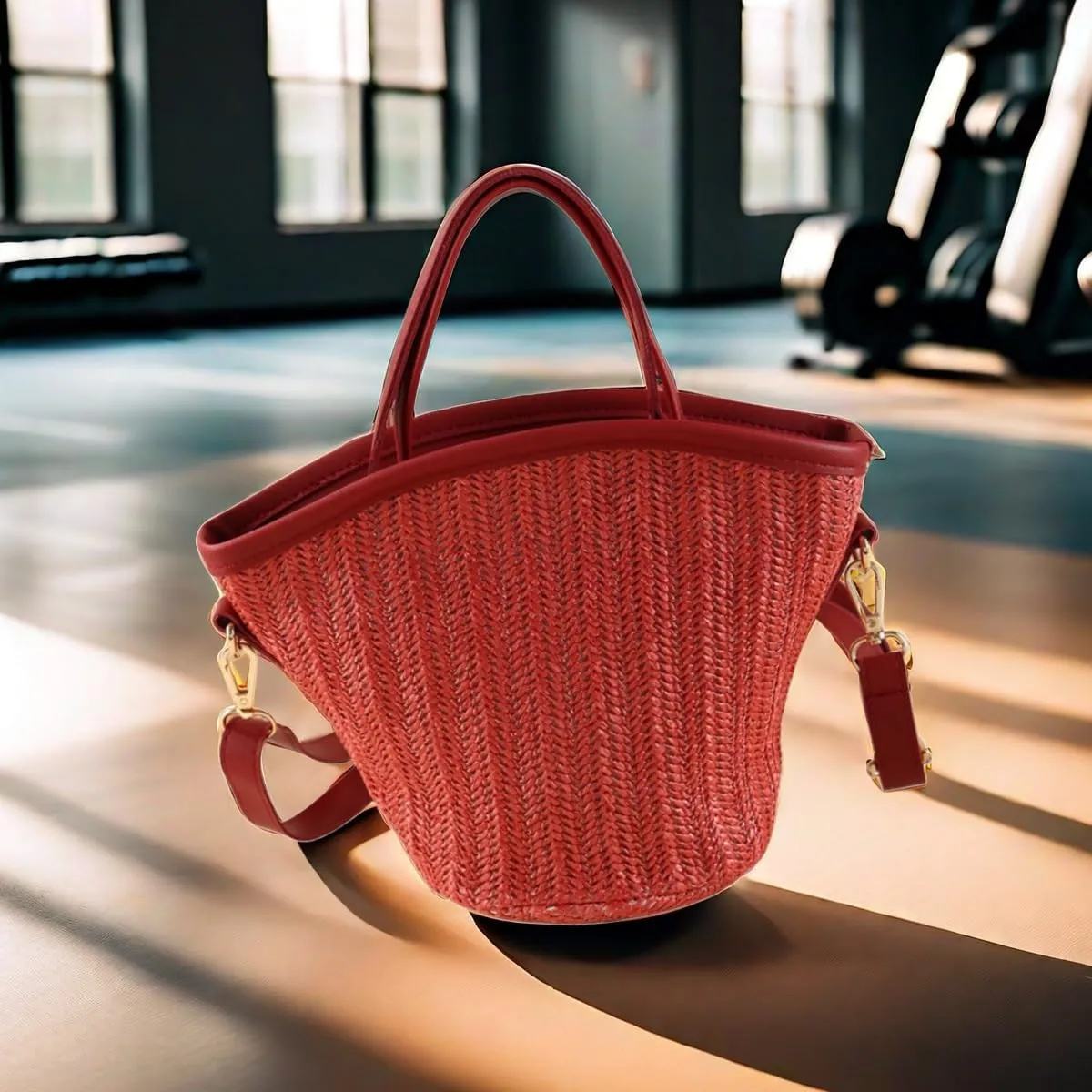Women Straw Drawstring Bucket Purse Small Tote Shoulder Handbag Hollow Out Cross-body Bag for Summer,Beach
