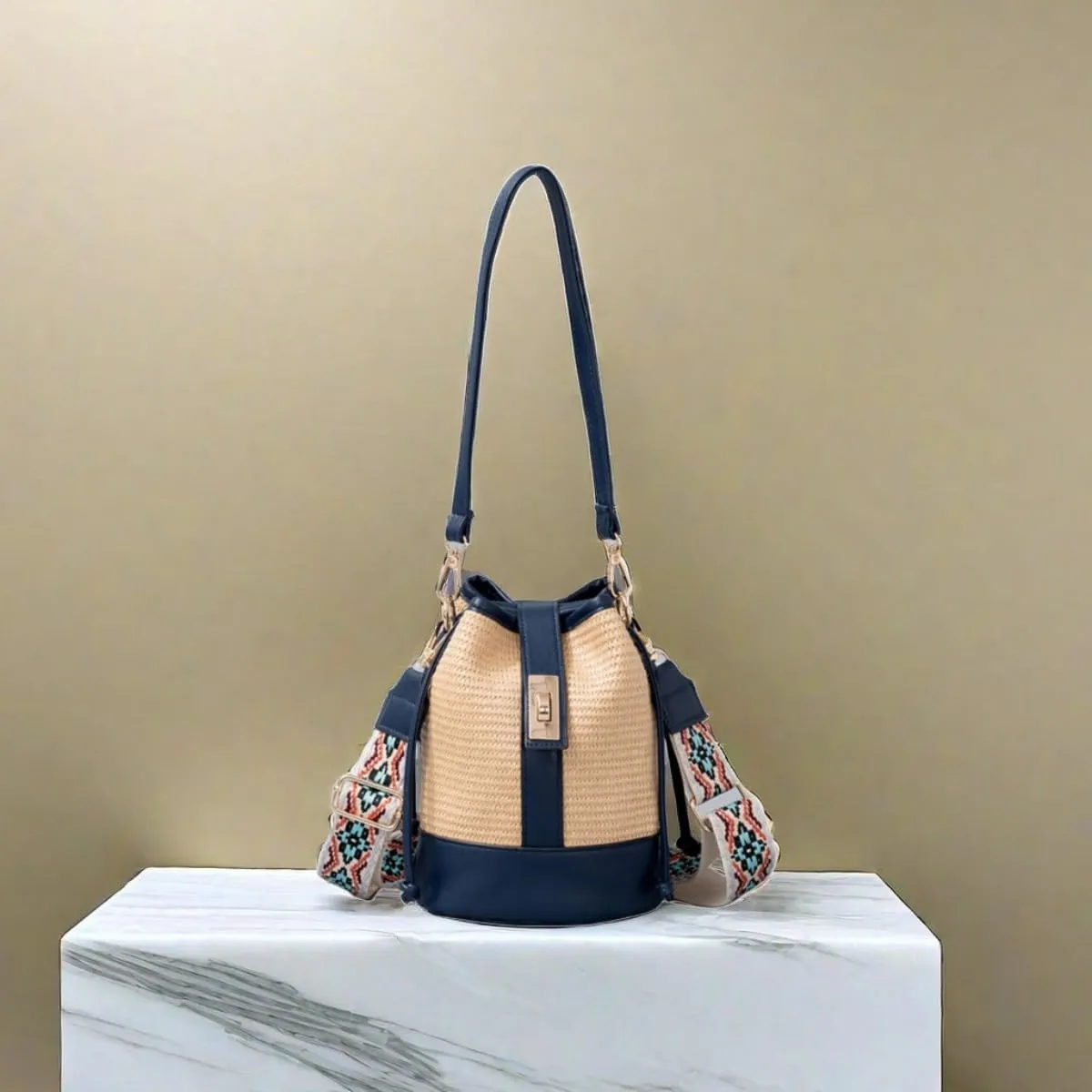 Women Straw Drawstring Bucket Purse Small Tote Shoulder Handbag Hollow Out Cross-body Bag for Summer,Beach