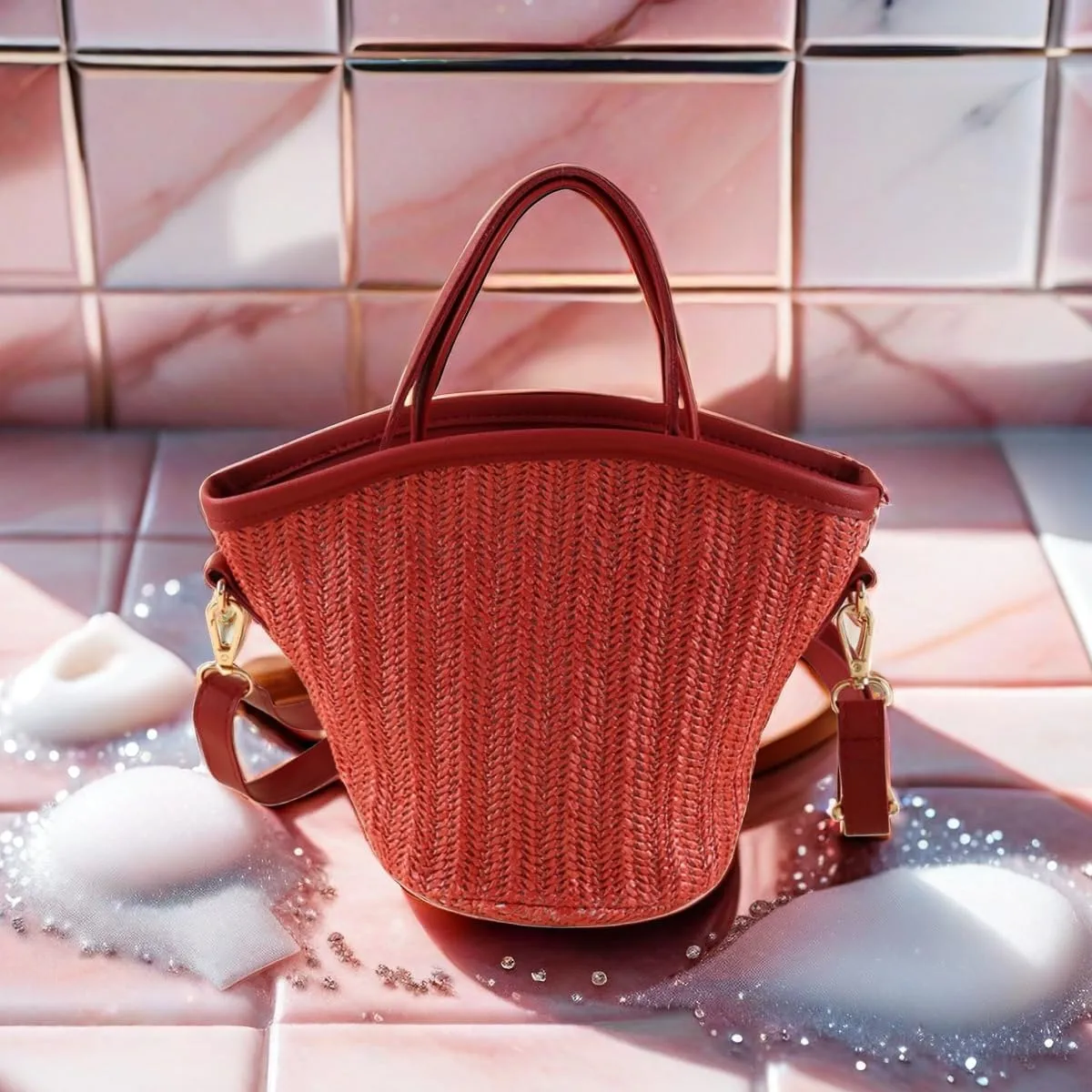 Women Straw Drawstring Bucket Purse Small Tote Shoulder Handbag Hollow Out Cross-body Bag for Summer,Beach