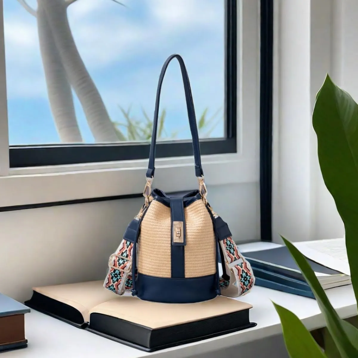 Women Straw Drawstring Bucket Purse Small Tote Shoulder Handbag Hollow Out Cross-body Bag for Summer,Beach