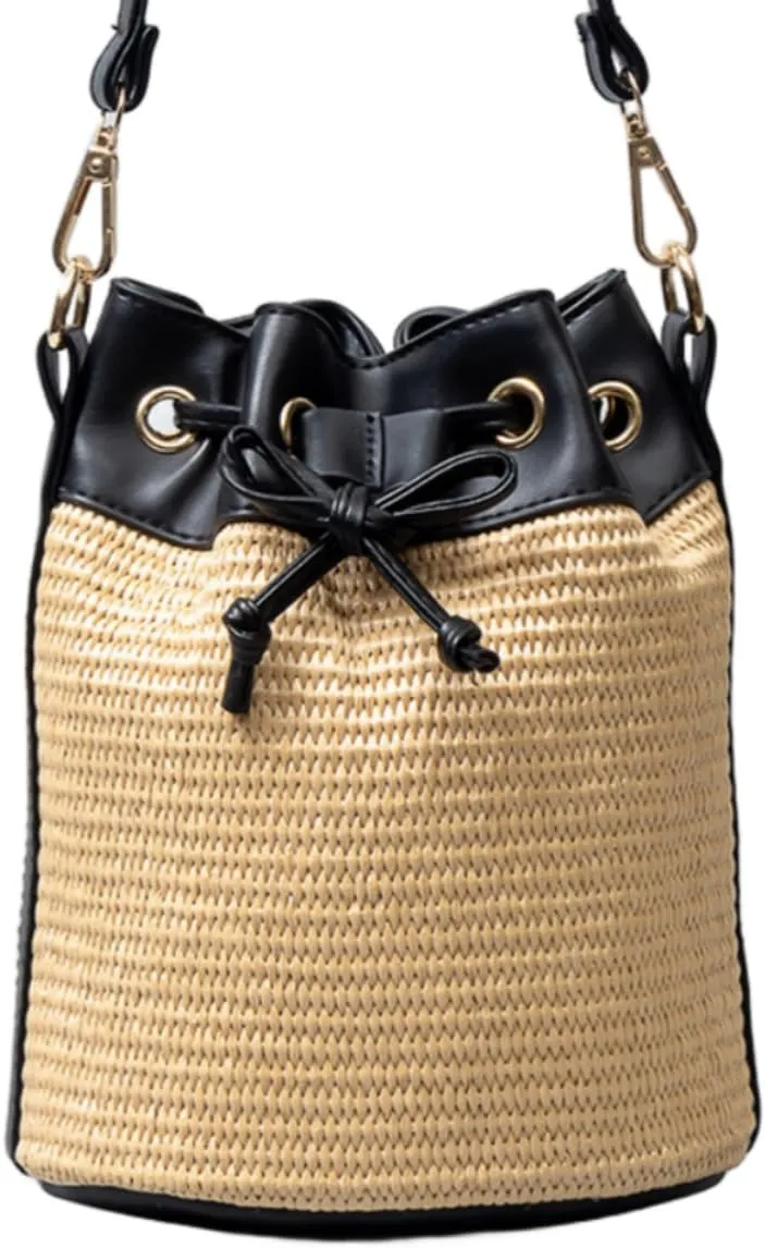 Women Straw Drawstring Bucket Purse Small Tote Shoulder Handbag Hollow Out Cross-body Bag for Summer,Beach