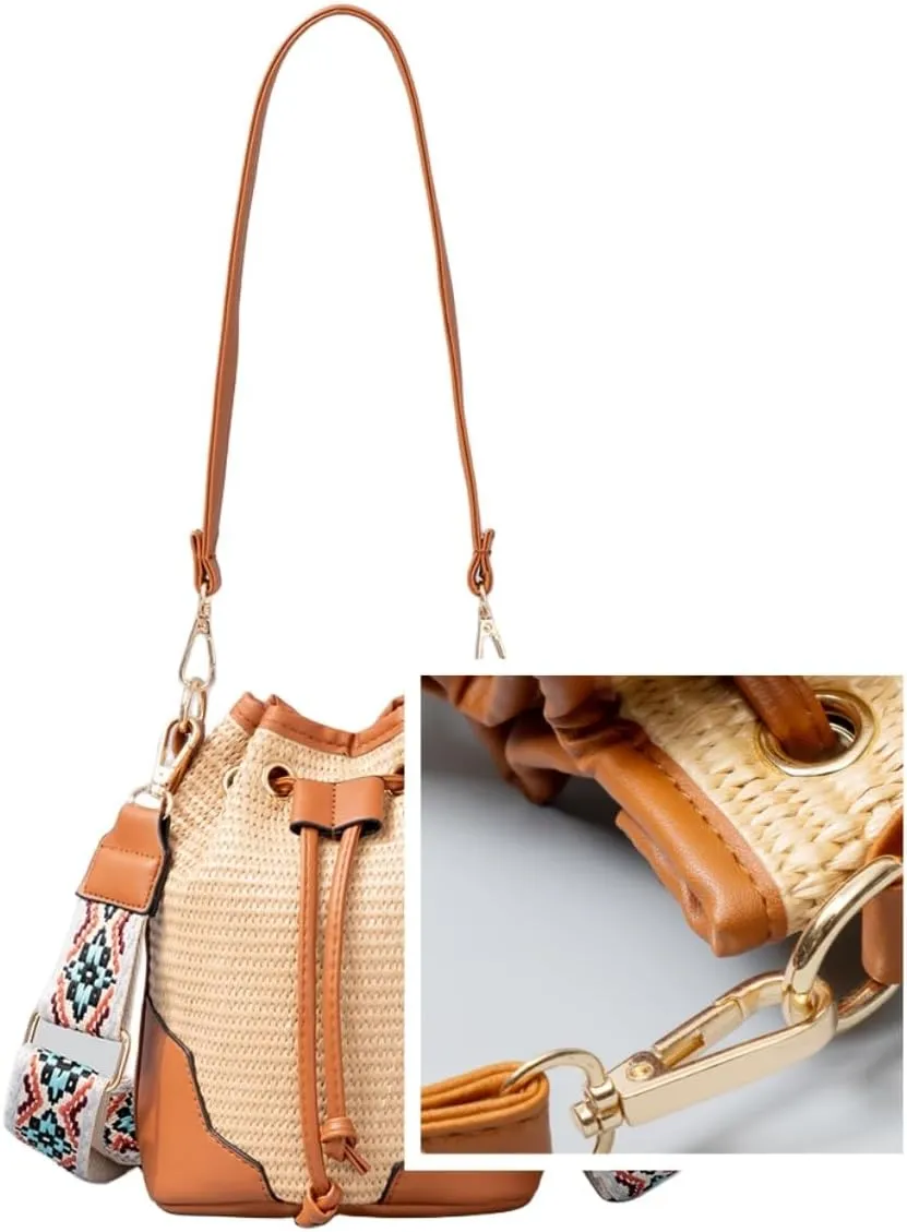 Women Straw Drawstring Bucket Purse Small Tote Shoulder Handbag Hollow Out Cross-body Bag for Summer,Beach