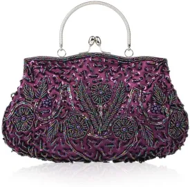Women Vintage Beaded Evening Clutch Vintage Design Sequin Floral Top-handle Handbag Party Wedding Purse Wallet (Purple)