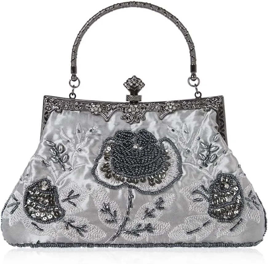 Women's Handbag Vintage Rose Embroidered Beaded Sequin Evening Bag Wedding Party Clutch Purse