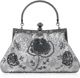 Women's Handbag Vintage Rose Embroidered Beaded Sequin Evening Bag Wedding Party Clutch Purse