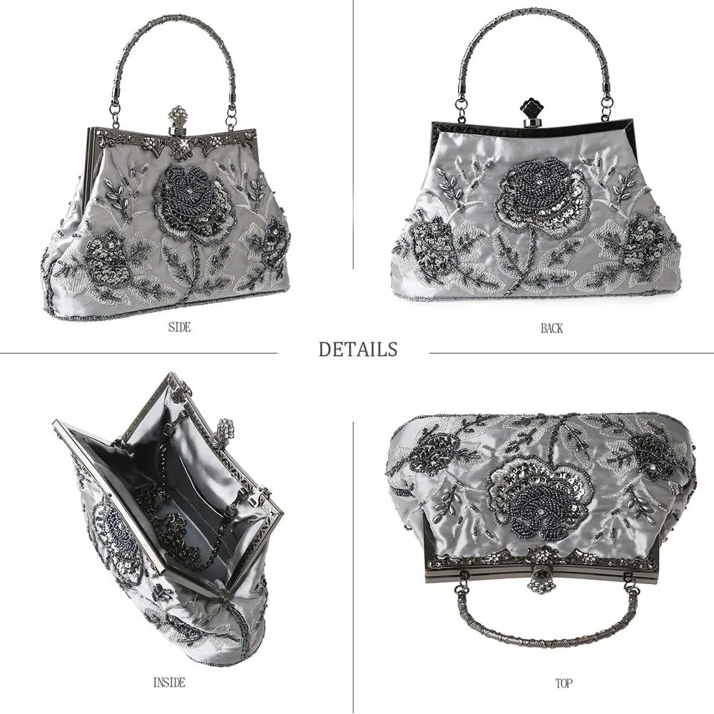 Women's Handbag Vintage Rose Embroidered Beaded Sequin Evening Bag Wedding Party Clutch Purse