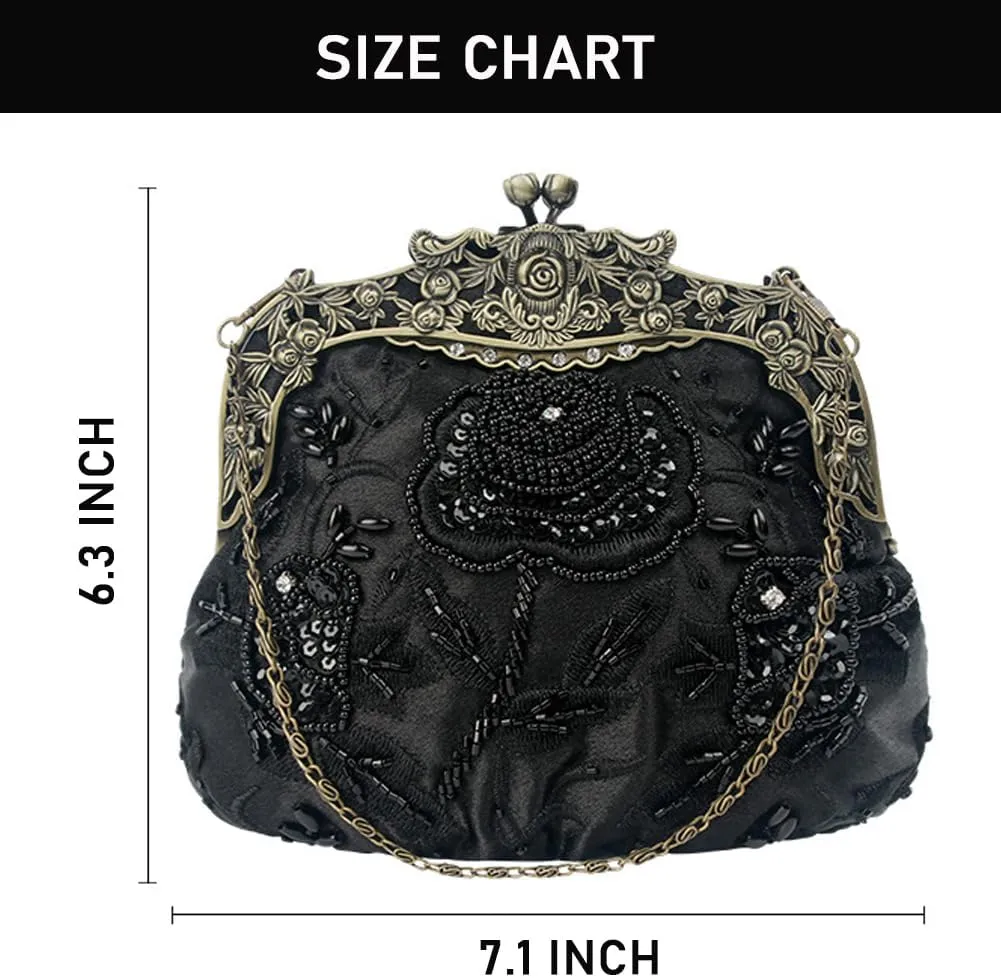 Women's Vintage Beaded Sequin Flower Evening Handbags Wedding Clutches Prom Cocktail Party Handbags
