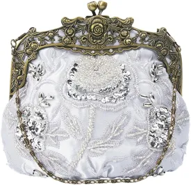 Women's Vintage Beaded Sequin Flower Evening Handbags Wedding Clutches Prom Cocktail Party Handbags