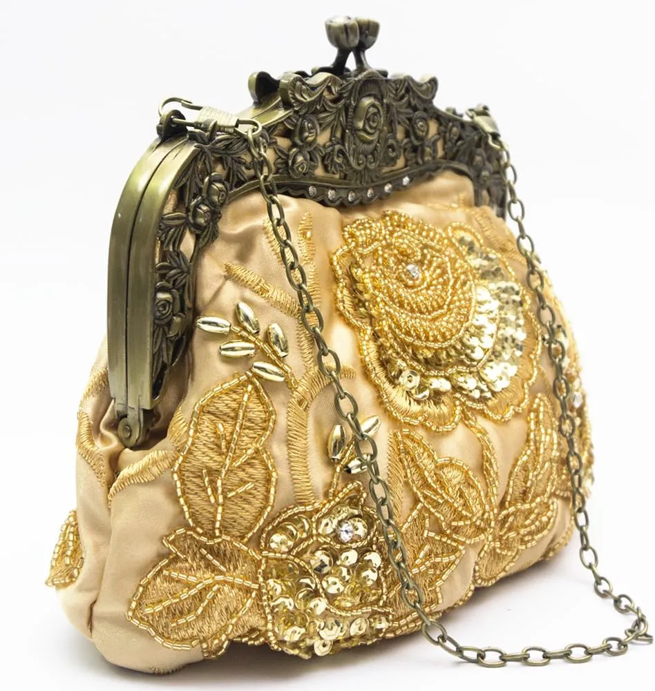 Women's Vintage Beaded Sequin Flower Evening Handbags Wedding Clutches Prom Cocktail Party Handbags