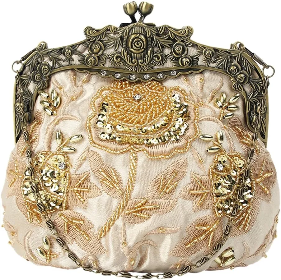 Women's Vintage Beaded Sequin Flower Evening Handbags Wedding Clutches Prom Cocktail Party Handbags
