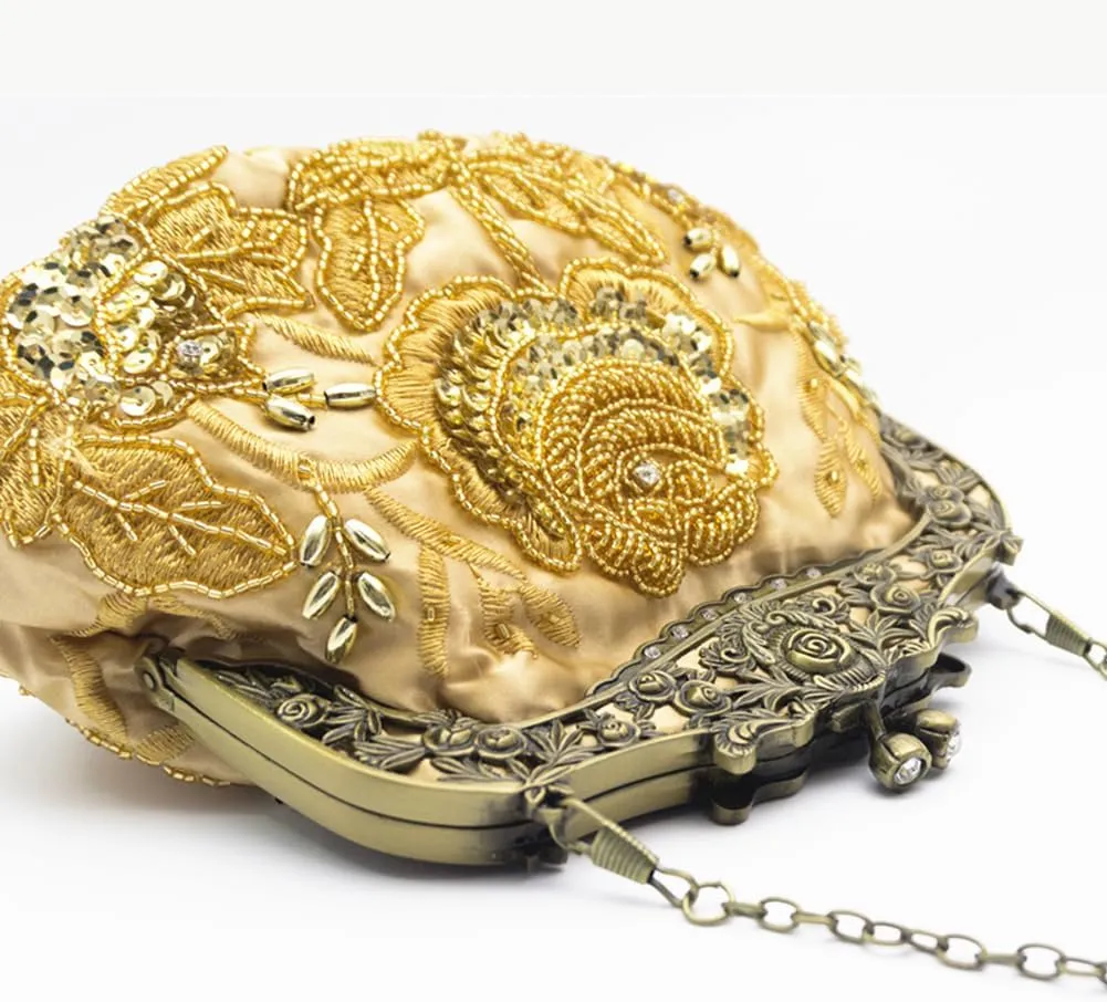 Women's Vintage Beaded Sequin Flower Evening Handbags Wedding Clutches Prom Cocktail Party Handbags