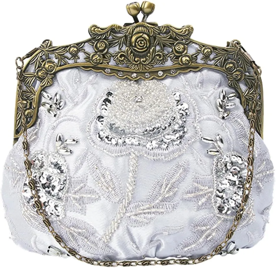 Women's Vintage Beaded Sequin Flower Evening Handbags Wedding Clutches Prom Cocktail Party Handbags
