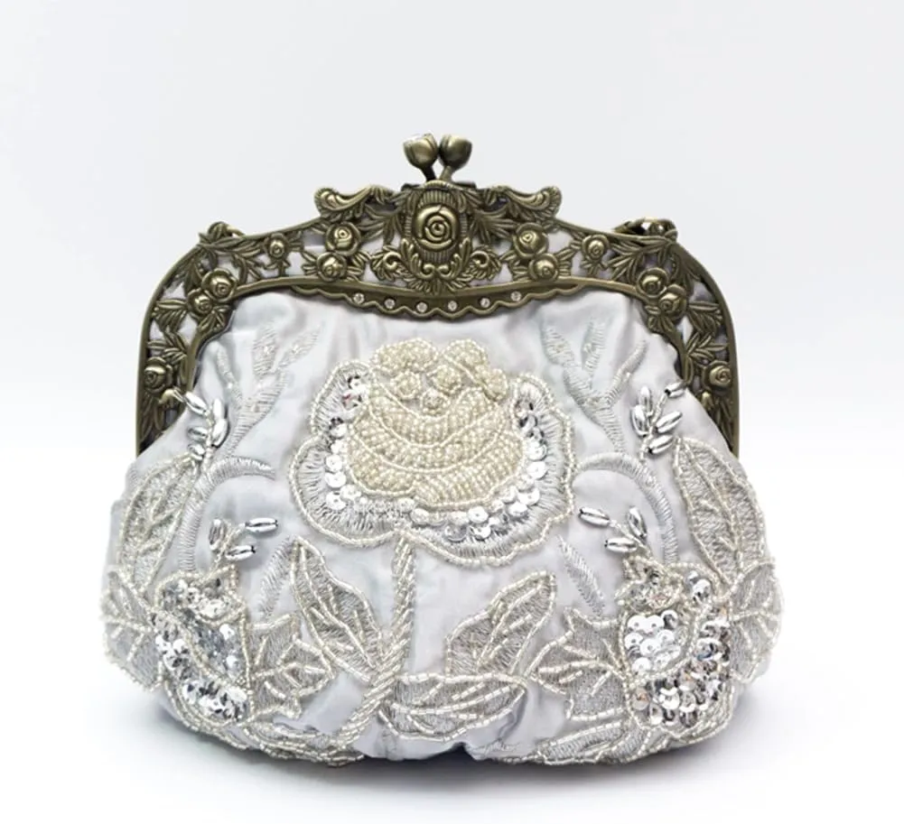 Women's Vintage Beaded Sequin Flower Evening Handbags Wedding Clutches Prom Cocktail Party Handbags