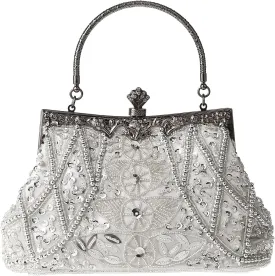 Womens Vintage Floral Beaded Rhinestone Embroidery Clutch Sequin Crossbody Bag Evening Handbag for Bridal Wedding Party Prom