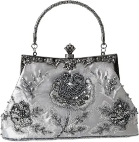 Womens Vintage Floral Beaded Rhinestone Embroidery Clutch Sequin Crossbody Bag Evening Handbag for Bridal Wedding Party Prom