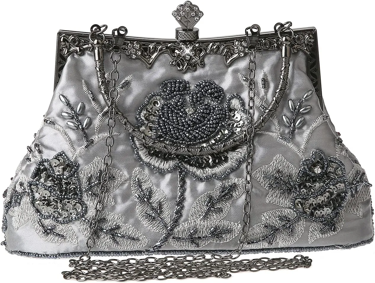 Womens Vintage Floral Beaded Rhinestone Embroidery Clutch Sequin Crossbody Bag Evening Handbag for Bridal Wedding Party Prom