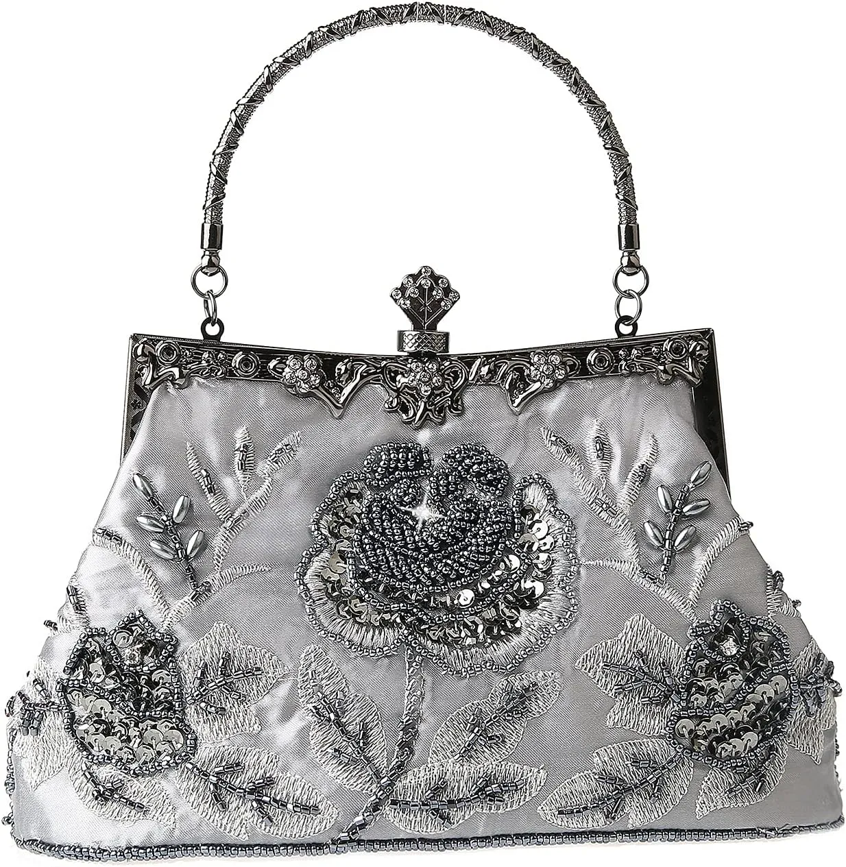 Womens Vintage Floral Beaded Rhinestone Embroidery Clutch Sequin Crossbody Bag Evening Handbag for Bridal Wedding Party Prom