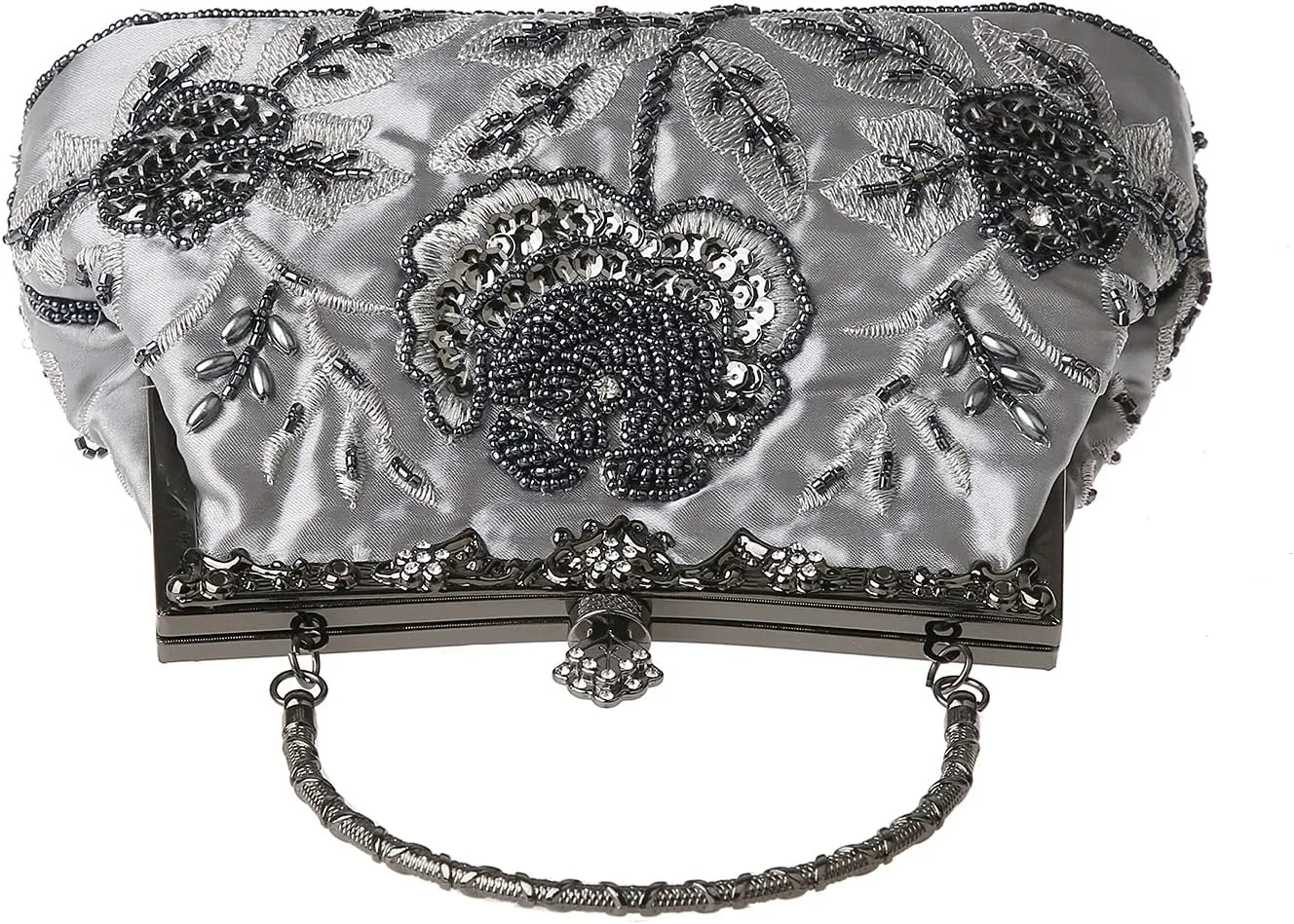 Womens Vintage Floral Beaded Rhinestone Embroidery Clutch Sequin Crossbody Bag Evening Handbag for Bridal Wedding Party Prom