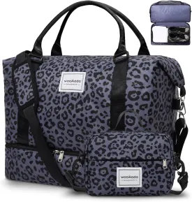 WOOMADA Weekender Bag for Women,Travel Carry On Bag with Shoe Compartment, Hospital Mom Bag for Labor and Delivery, Overnight Travel Duffle Bag with Toiletry Bag(black leopard)
