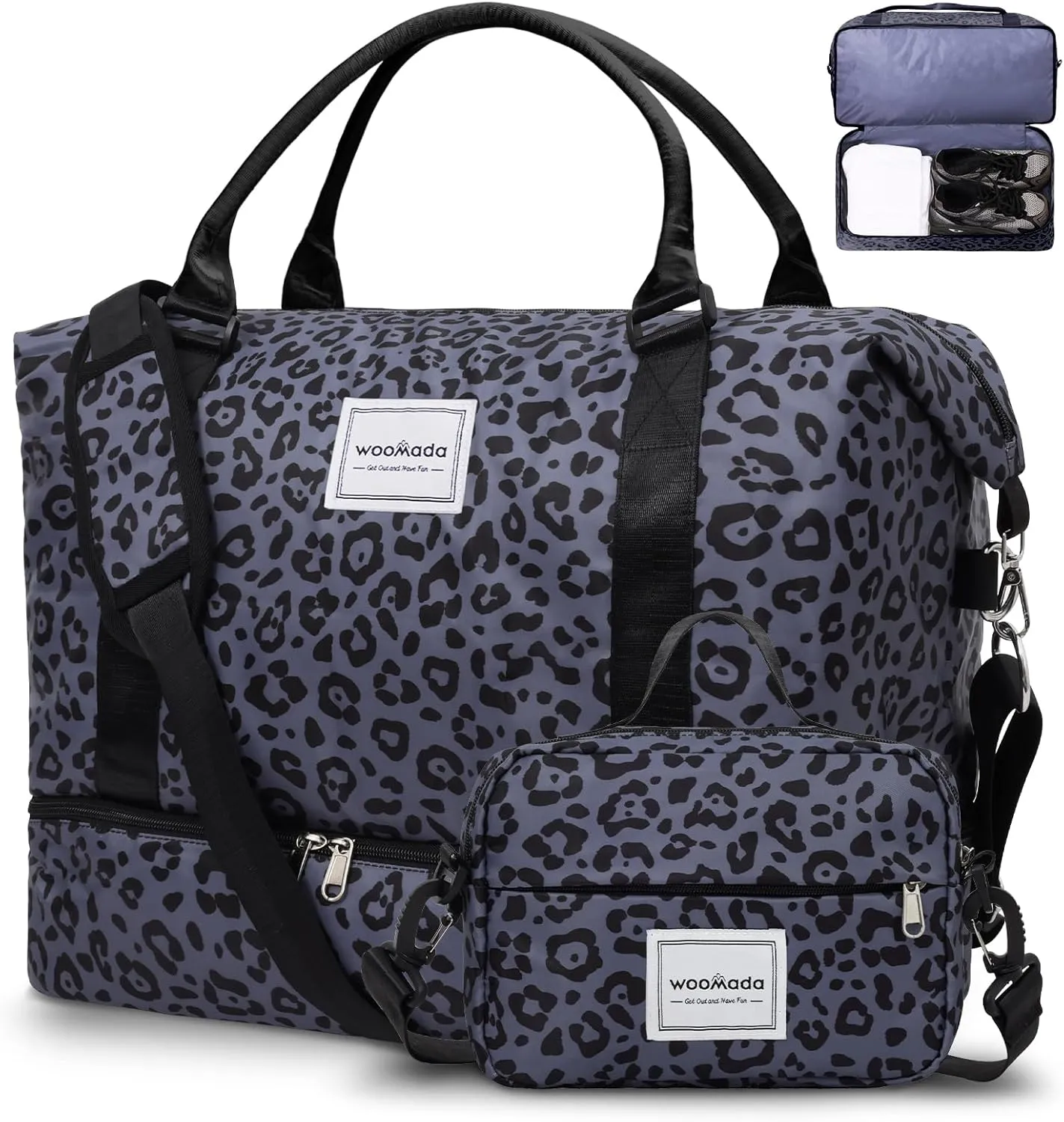 WOOMADA Weekender Bag for Women,Travel Carry On Bag with Shoe Compartment, Hospital Mom Bag for Labor and Delivery, Overnight Travel Duffle Bag with Toiletry Bag(black leopard)